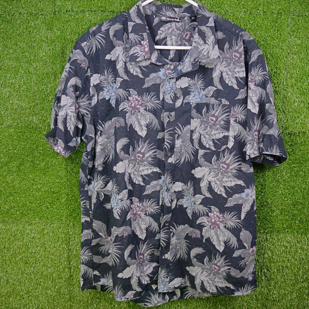 Travis Mathew Short-Sleeve Button-Down Shirt - dark floral palm - Men's Size XXL